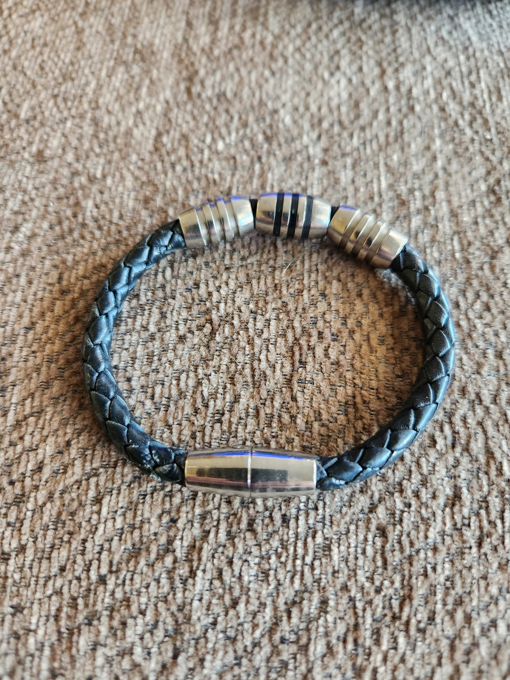 Black Braided Leather Women’s Bracelet with Silver Accents